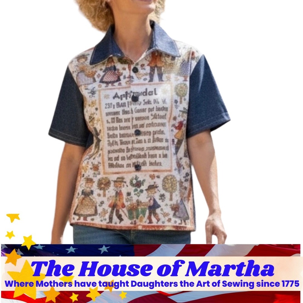 Handmade Sz L German Folk Art Apfelstrudel Recipe Denim Accent Button Down Shirt